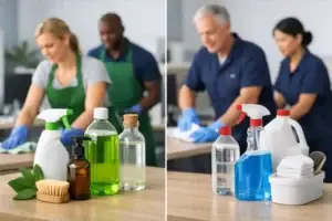 Two cleaning teams side by side: one using green eco-friendly products, the other using conventional blue chemical cleaners, both wiping surfaces in an office setting