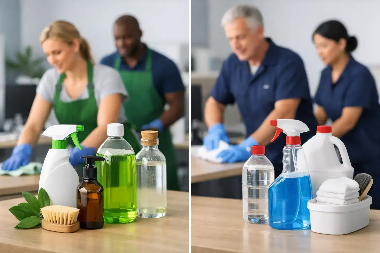 Two cleaning teams side by side: one using green eco-friendly products, the other using conventional blue chemical cleaners, both wiping surfaces in an office setting