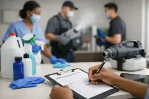 A person fills out a checklist on a clipboard while masked cleaning crew members work with disinfecting equipment and supplies nearby